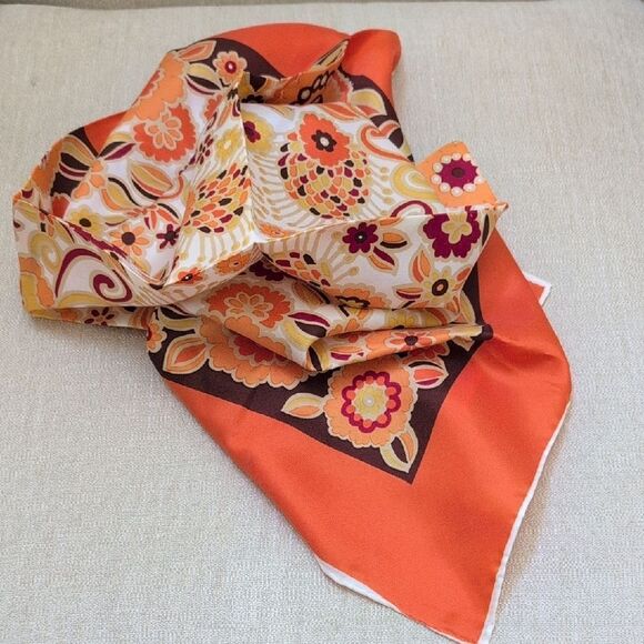 Vintage MCM Square Floral Orange and Brown Scarf - Picture 10 of 10